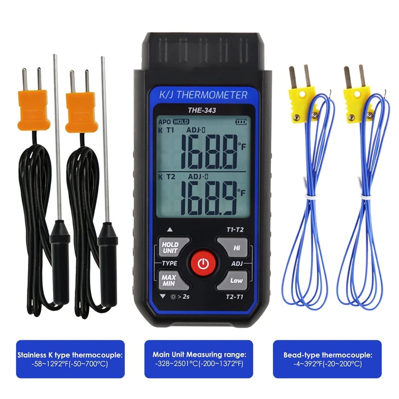 DANOPLUS Thermocouple Thermometer Digital K Type Thermometer with 4 Thermocouples, -328~2500℉ Measuring Range HVAC Dual Channels Temperature Meter Gauge with LED Backlight & ADJ Compensation - Image 3